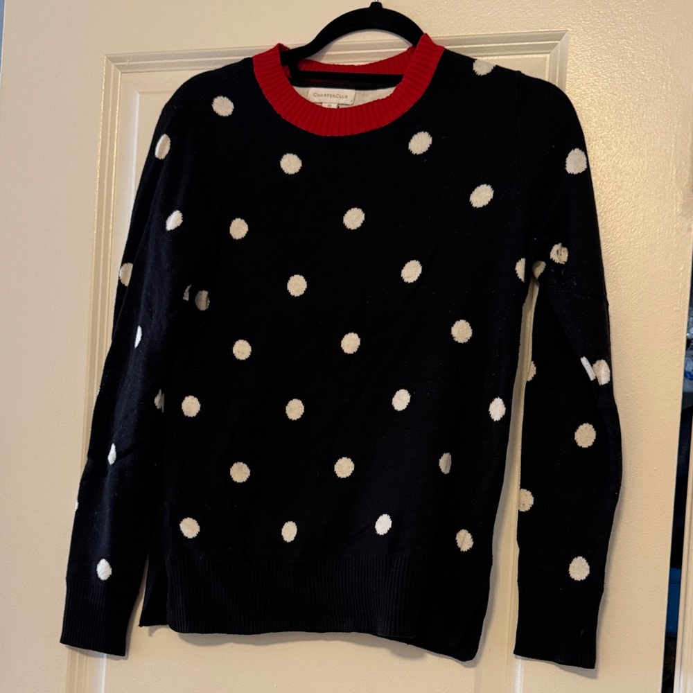 Charter Club Black Sweater with Red Trim and White Dots